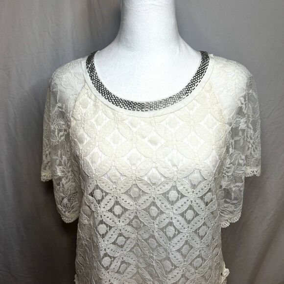 Miss Me White Lace Floral Boho Beaded Crochet Top T Shirt Womens Designer NWOT - Picture 3 of 8